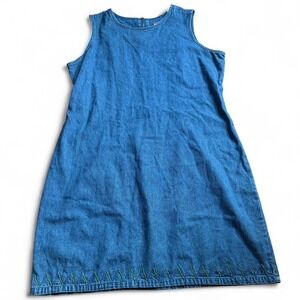 Vintage STO Denim Mini Dress Blue Upcycled Beaded Hem Sleeveless XL
